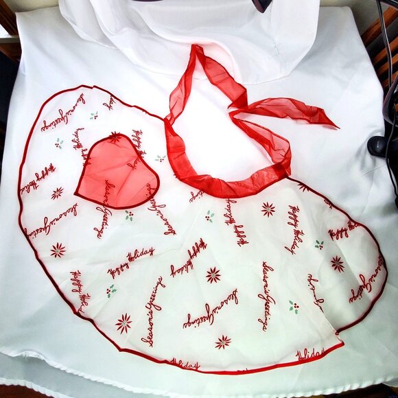 VTG Sheer Organza Christmas Happy Holiday Half Apron White and Red See-Through - Picture 1 of 5